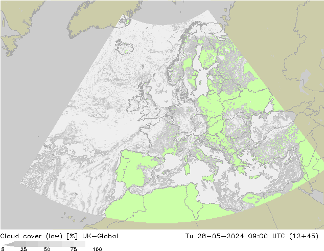 Cloud cover (low) UK-Global Tu 28.05.2024 09 UTC