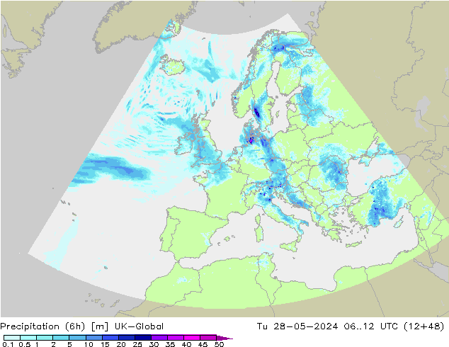 Precipitation (6h) UK-Global Tu 28.05.2024 12 UTC