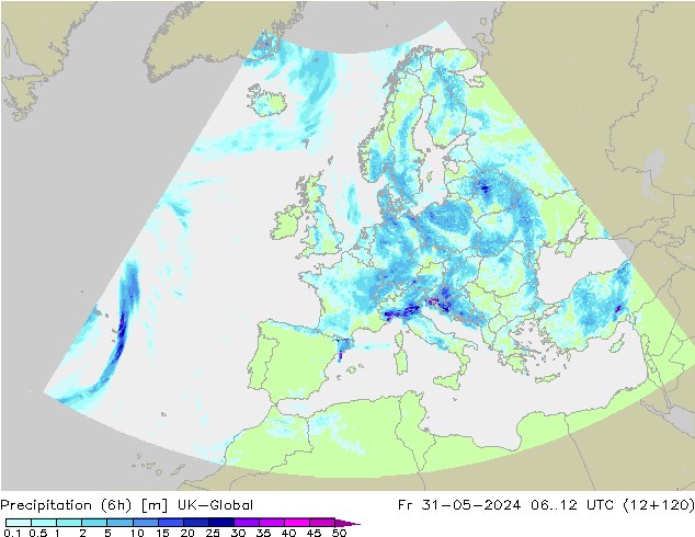 Precipitation (6h) UK-Global Pá 31.05.2024 12 UTC