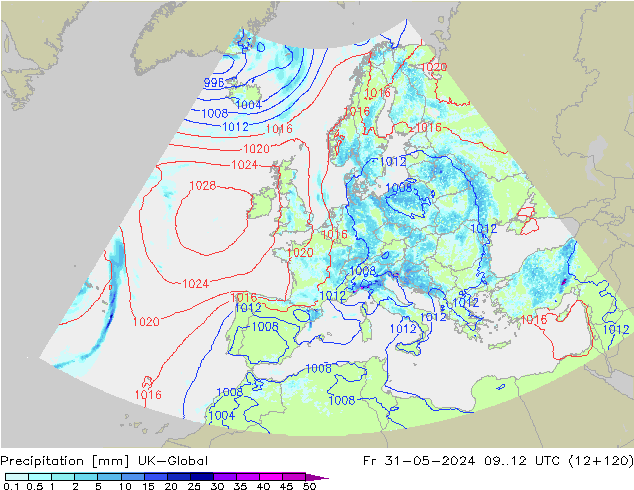 Précipitation UK-Global ven 31.05.2024 12 UTC