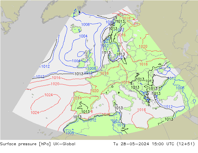 Surface pressure UK-Global Tu 28.05.2024 15 UTC