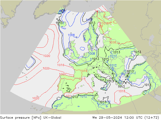 Pressione al suolo UK-Global mer 29.05.2024 12 UTC