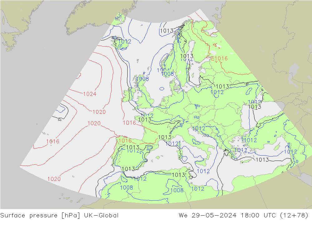 Presión superficial UK-Global mié 29.05.2024 18 UTC