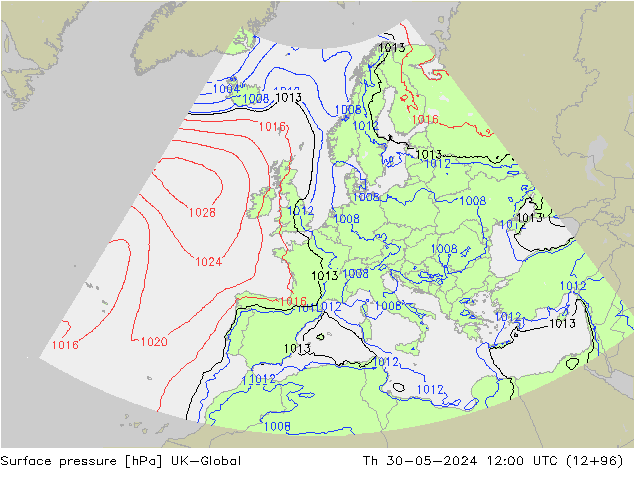 Pressione al suolo UK-Global gio 30.05.2024 12 UTC