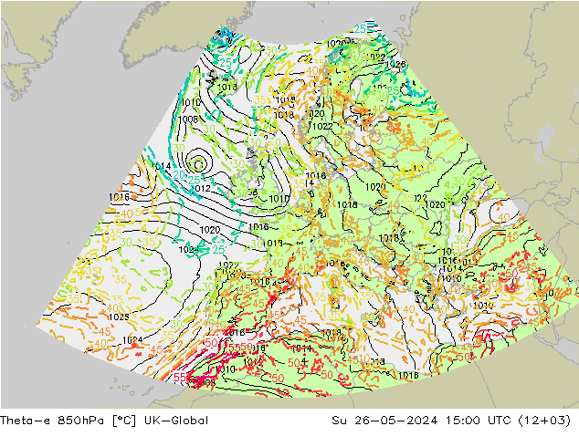 Theta-e 850hPa UK-Global Su 26.05.2024 15 UTC