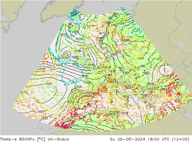 Theta-e 850hPa UK-Global Su 26.05.2024 18 UTC