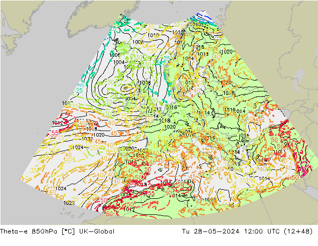 Theta-e 850hPa UK-Global di 28.05.2024 12 UTC