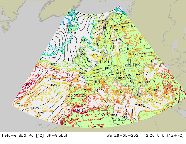 Theta-e 850hPa UK-Global Mi 29.05.2024 12 UTC