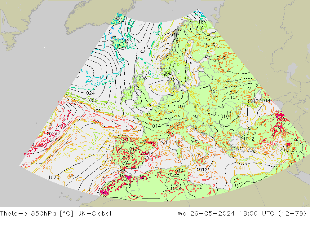 Theta-e 850hPa UK-Global mer 29.05.2024 18 UTC
