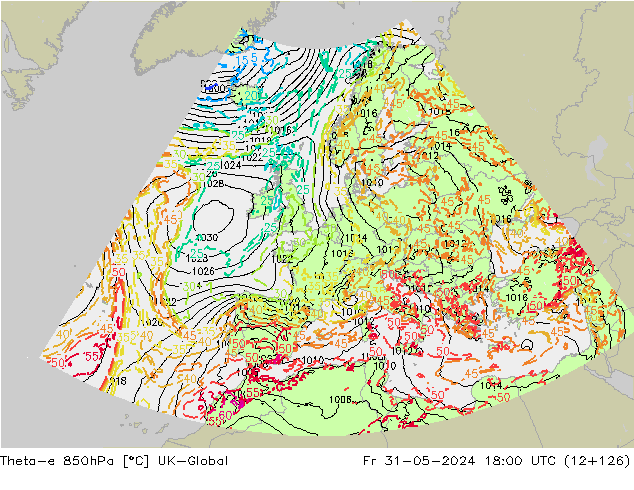 Theta-e 850hPa UK-Global ven 31.05.2024 18 UTC