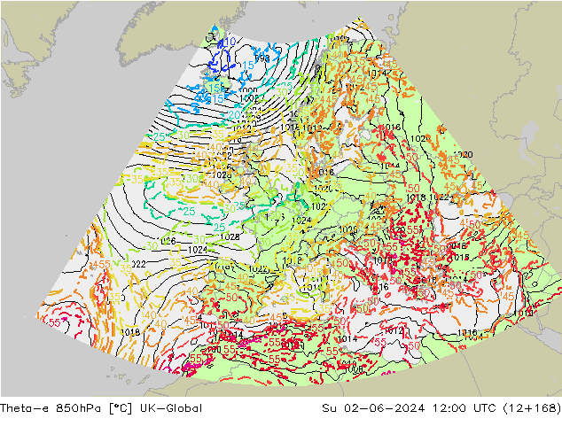Theta-e 850hPa UK-Global dom 02.06.2024 12 UTC