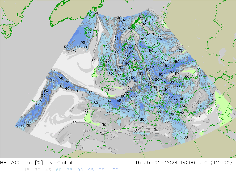 RH 700 hPa UK-Global czw. 30.05.2024 06 UTC