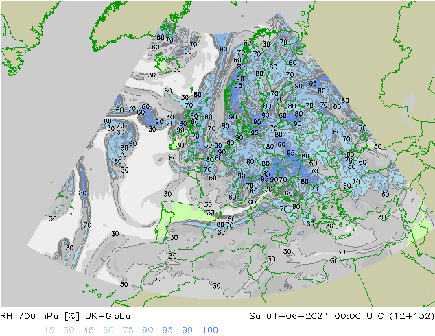 Humidité rel. 700 hPa UK-Global sam 01.06.2024 00 UTC