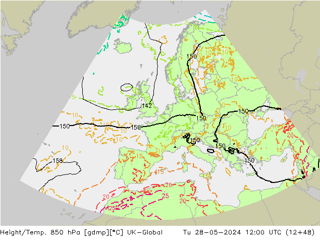 Height/Temp. 850 гПа UK-Global вт 28.05.2024 12 UTC