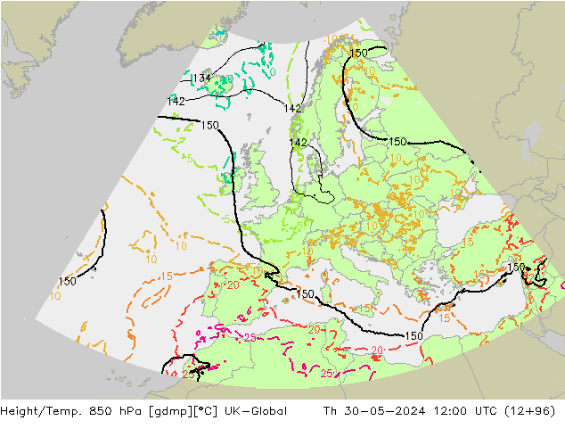 Height/Temp. 850 hPa UK-Global Qui 30.05.2024 12 UTC