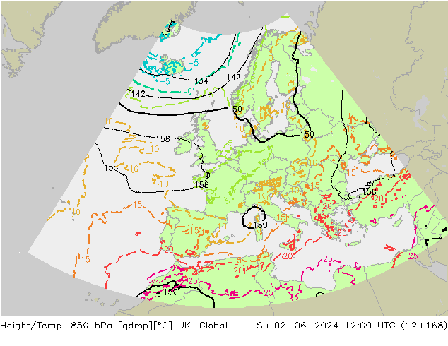 Height/Temp. 850 hPa UK-Global Su 02.06.2024 12 UTC