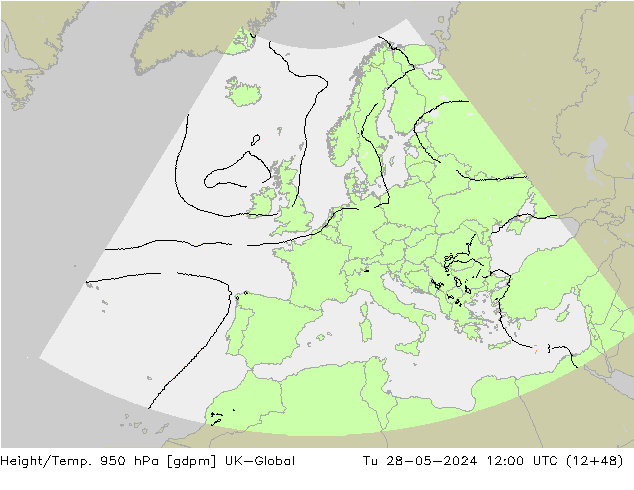 Height/Temp. 950 hPa UK-Global Út 28.05.2024 12 UTC