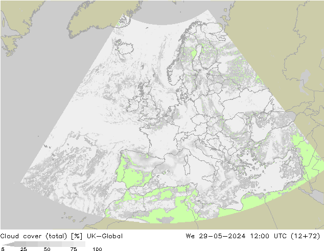 Cloud cover (total) UK-Global St 29.05.2024 12 UTC