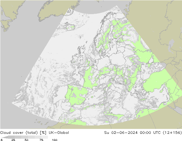 Cloud cover (total) UK-Global Su 02.06.2024 00 UTC