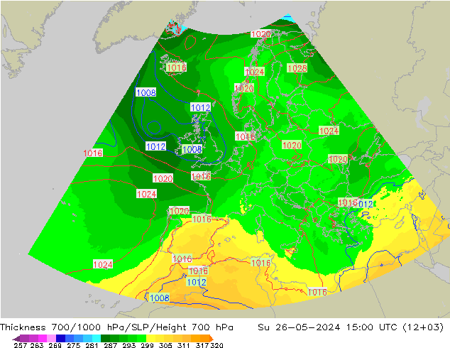 Espesor 700-1000 hPa UK-Global dom 26.05.2024 15 UTC