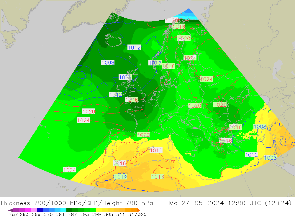 Thck 700-1000 hPa UK-Global Mo 27.05.2024 12 UTC