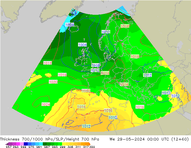 Thck 700-1000 hPa UK-Global śro. 29.05.2024 00 UTC