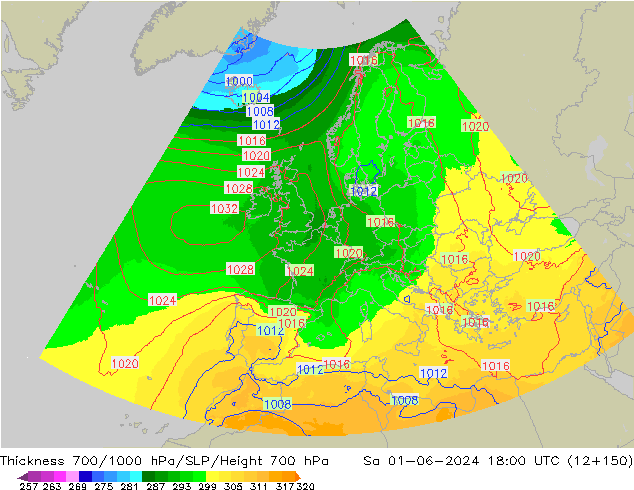 Thck 700-1000 гПа UK-Global сб 01.06.2024 18 UTC