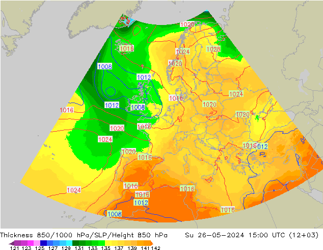 Thck 850-1000 hPa UK-Global Su 26.05.2024 15 UTC
