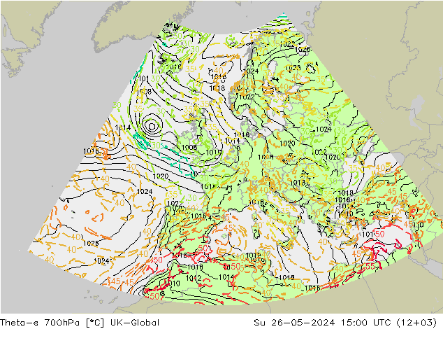Theta-e 700hPa UK-Global dom 26.05.2024 15 UTC