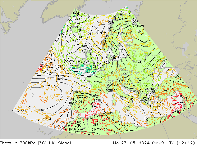 Theta-e 700hPa UK-Global Mo 27.05.2024 00 UTC