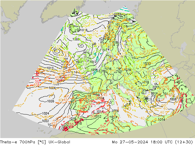 Theta-e 700hPa UK-Global ma 27.05.2024 18 UTC