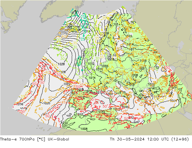 Theta-e 700hPa UK-Global Per 30.05.2024 12 UTC