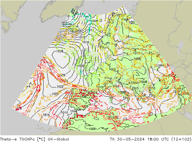 Theta-e 700hPa UK-Global Do 30.05.2024 18 UTC