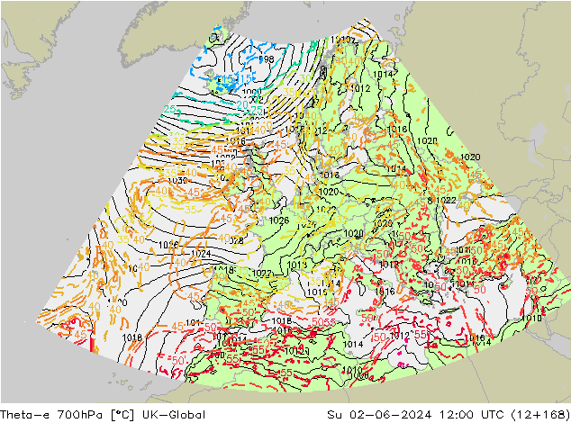 Theta-e 700hPa UK-Global zo 02.06.2024 12 UTC