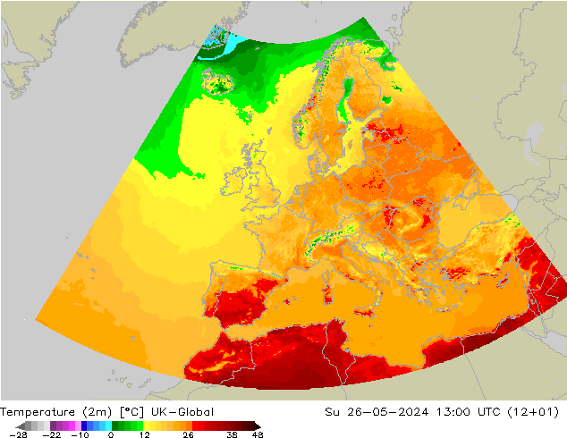 Temperaturkarte (2m) UK-Global So 26.05.2024 13 UTC