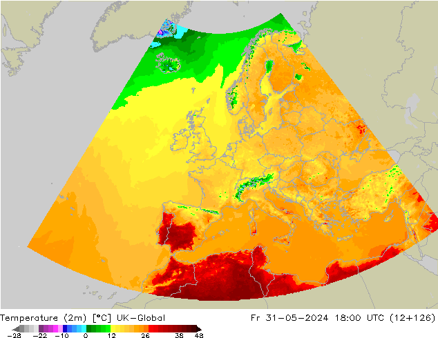 Temperature (2m) UK-Global Fr 31.05.2024 18 UTC