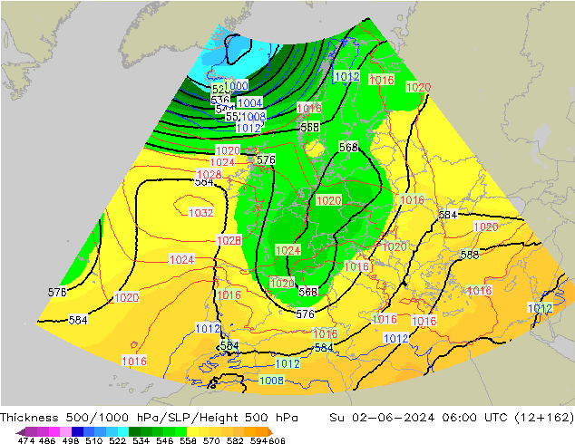 Thck 500-1000hPa UK-Global Su 02.06.2024 06 UTC