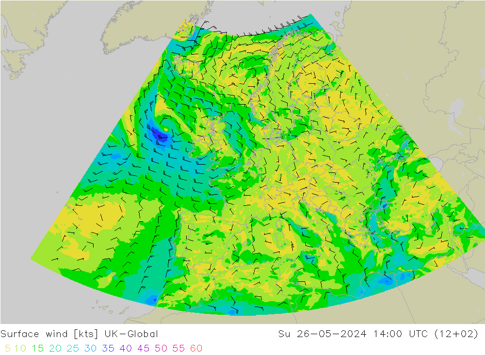 Surface wind UK-Global Su 26.05.2024 14 UTC