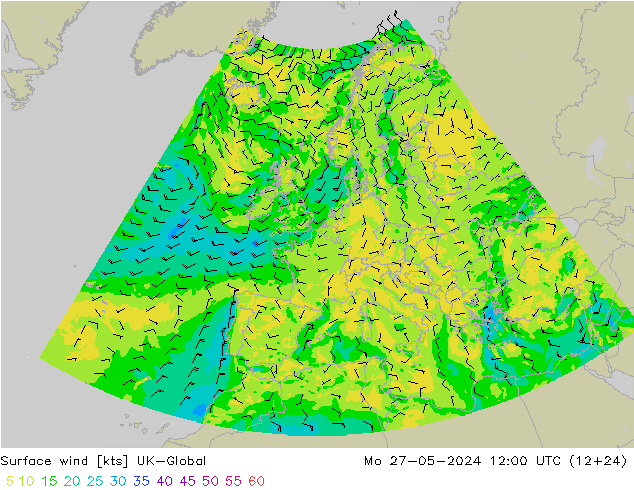 Surface wind UK-Global Mo 27.05.2024 12 UTC