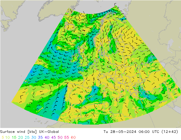 Surface wind UK-Global Tu 28.05.2024 06 UTC