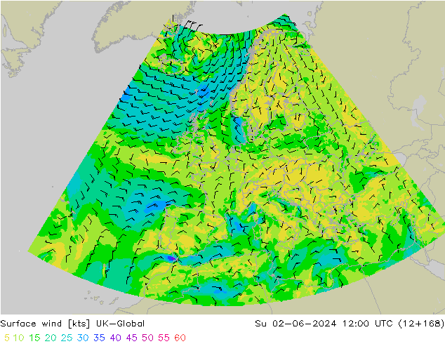 Viento 10 m UK-Global dom 02.06.2024 12 UTC