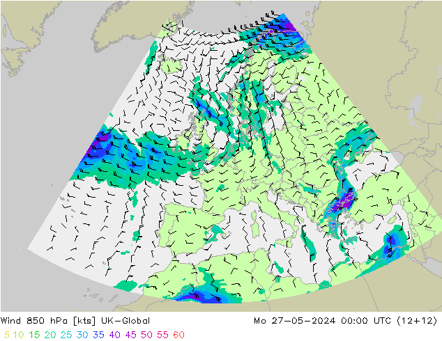 Wind 850 hPa UK-Global Mo 27.05.2024 00 UTC