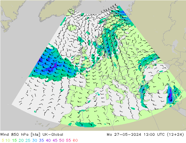 Vent 850 hPa UK-Global lun 27.05.2024 12 UTC