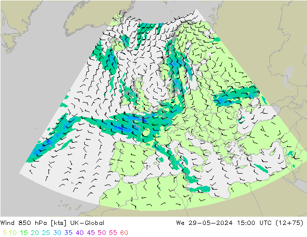Wind 850 hPa UK-Global St 29.05.2024 15 UTC