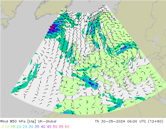 wiatr 850 hPa UK-Global czw. 30.05.2024 06 UTC