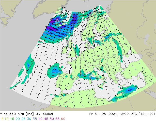 Viento 850 hPa UK-Global vie 31.05.2024 12 UTC