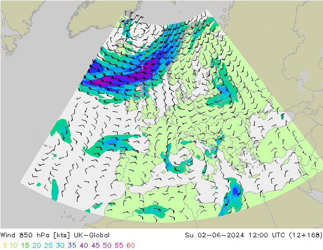 Wind 850 hPa UK-Global Su 02.06.2024 12 UTC