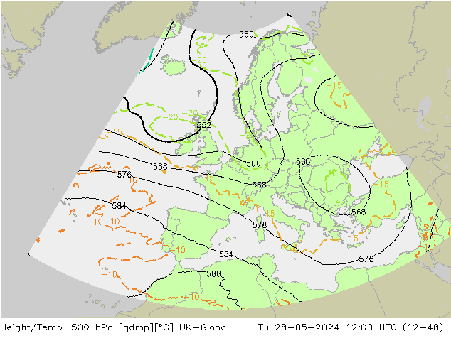 Height/Temp. 500 гПа UK-Global вт 28.05.2024 12 UTC