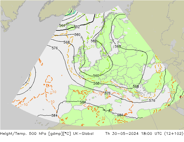 Height/Temp. 500 hPa UK-Global czw. 30.05.2024 18 UTC