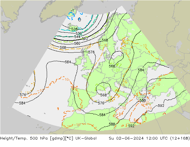 Height/Temp. 500 hPa UK-Global So 02.06.2024 12 UTC